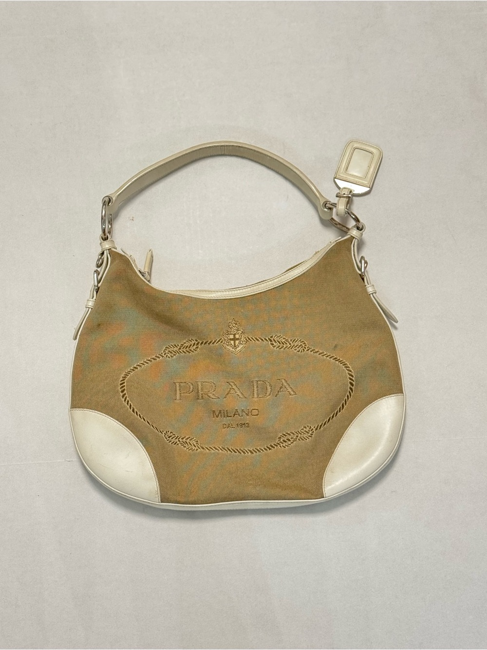 Prada Milano Canvas Shoulder Bag with White Leather Trim